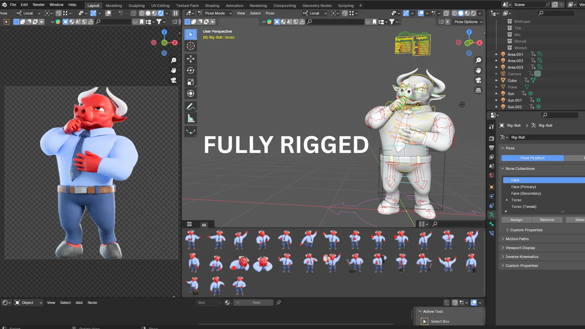 Fully rigged professional business bull mascot 3D character in Blender with rig controls